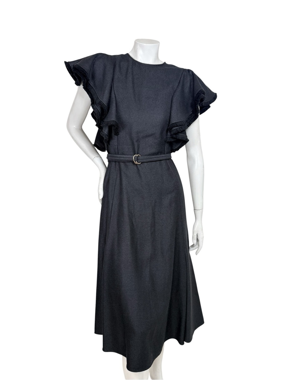 Chloé Black Silk Wool Ruffle Midi Dress FR 38
